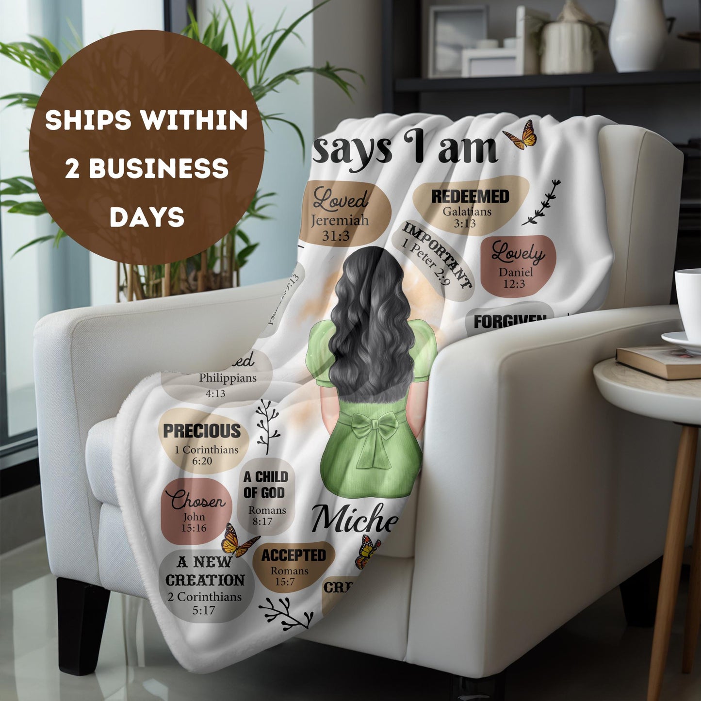 a chair with a blanket on it with a picture of a woman on it