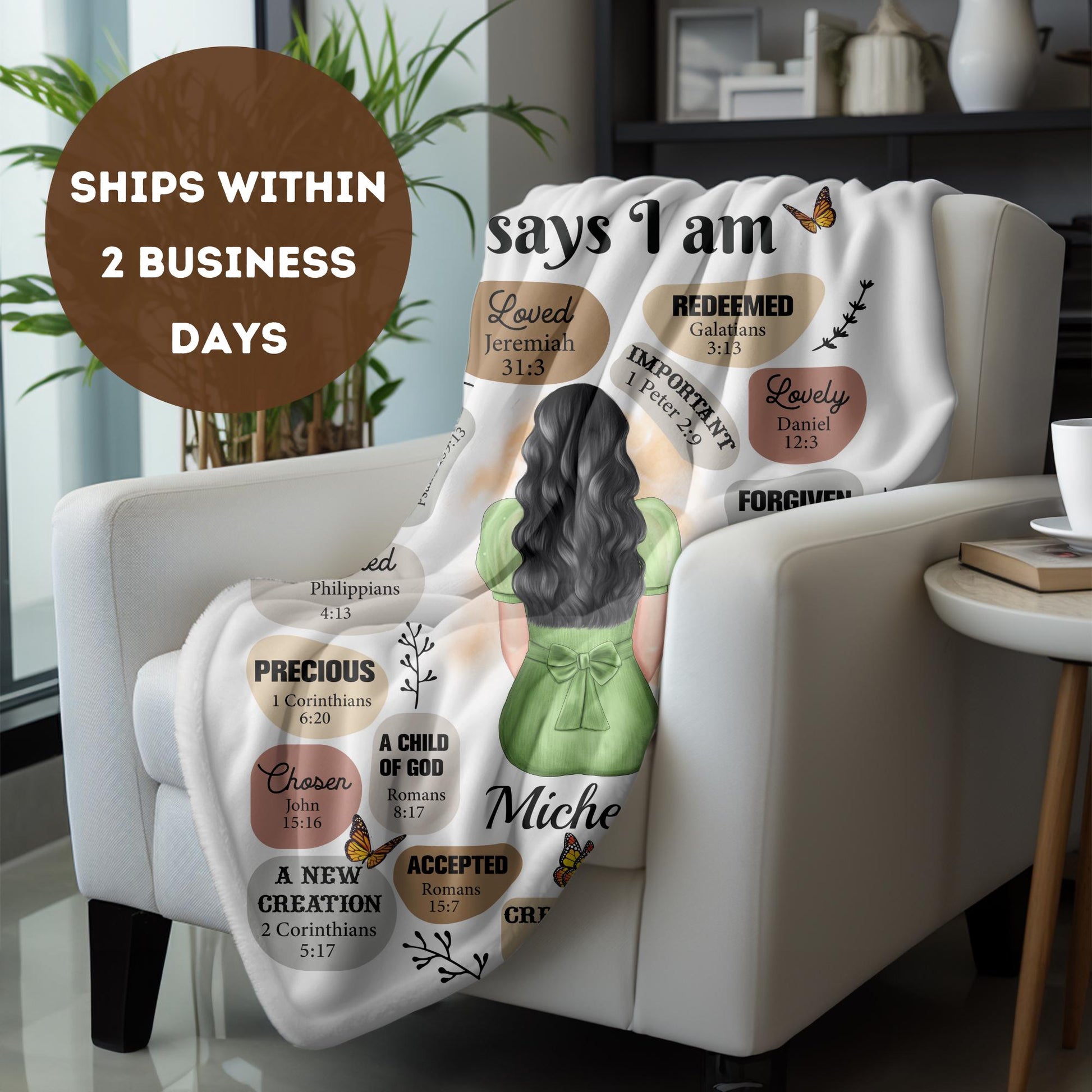 a chair with a blanket on it with a picture of a woman on it