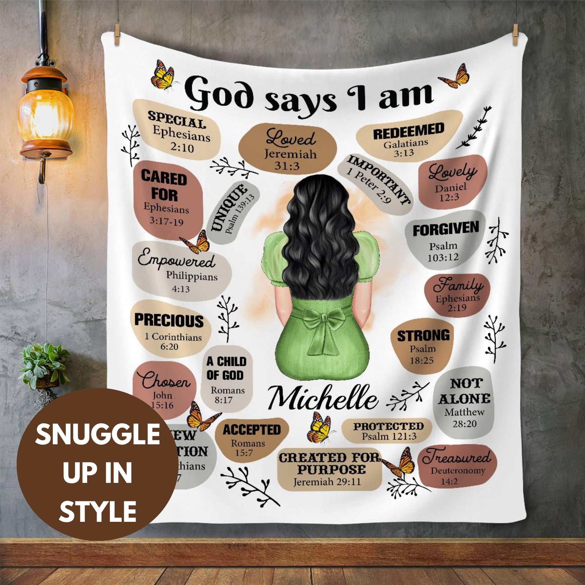 a tapestry hanging on a wall with a picture of a woman&#39;s hair
