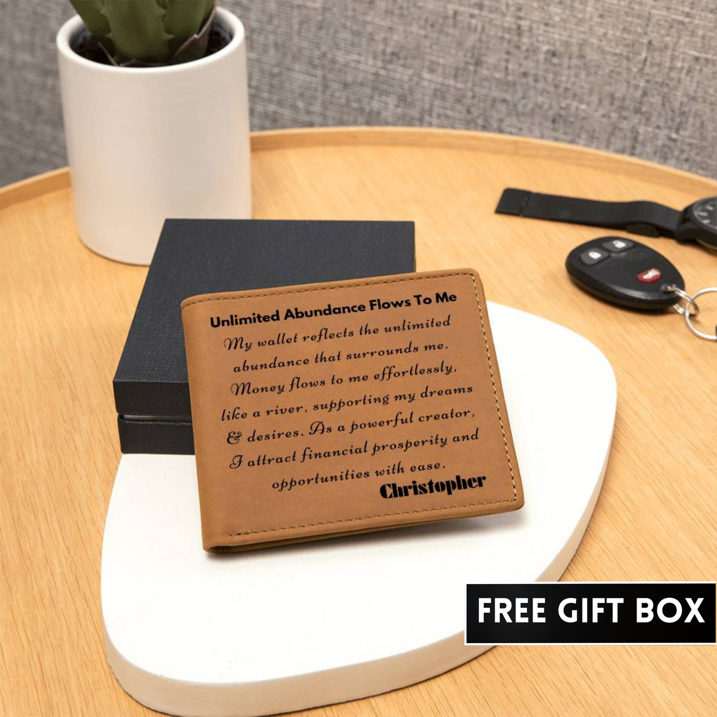 [Almost Sold Out] Personalized Unlimited Abundance Flows To Me - Gender Neutral Leather Wallet