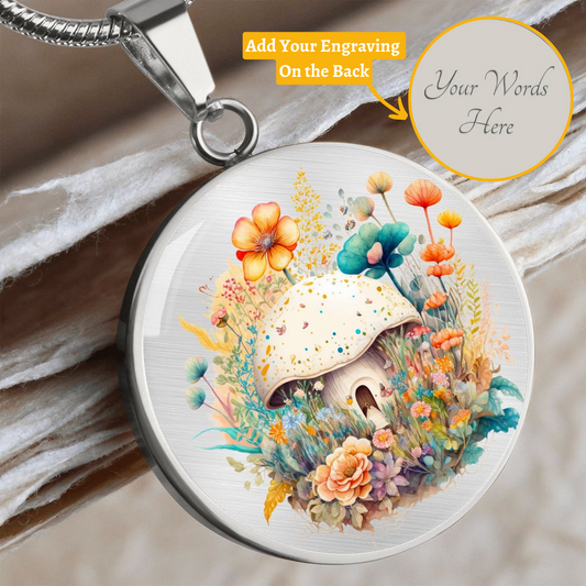 Almost Sold Out - Peach & Blue Florals Mushroom Garden Necklace - Circle Luxury Necklace