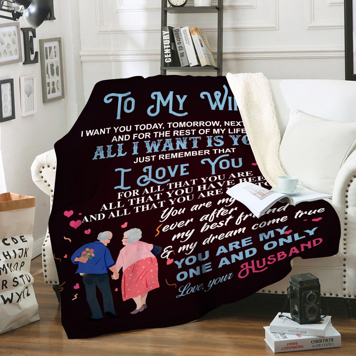 50% OFF SALE - TO MY WIFE - ALL I WANT IS YOU - LOVE YOUR HUSBAND - COZY FLEECE/PREMIUM SHERPA BLANKET